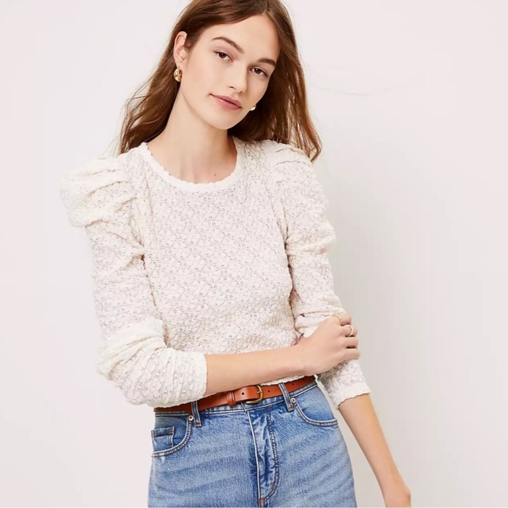 💐 LOFT FLORAL LACE PLEATED PUFF LONG SLEEVE TOP - Picture 7 of 9